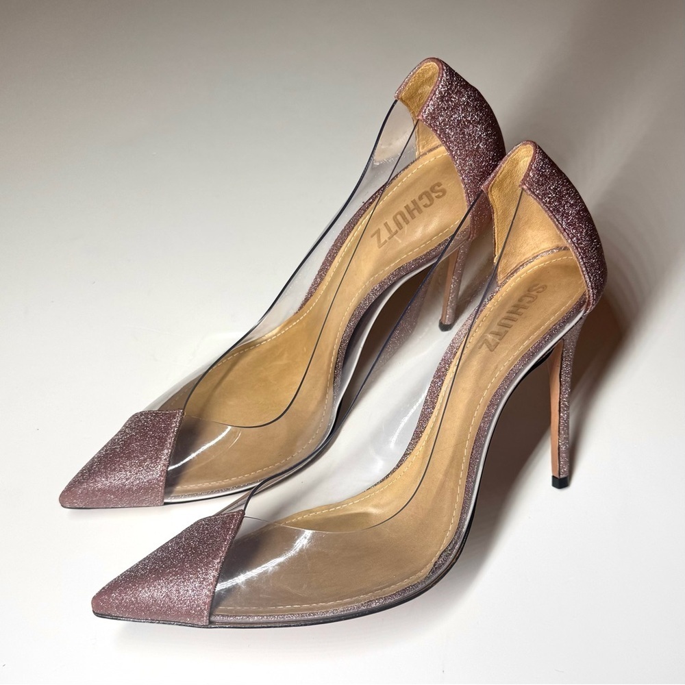 Schutz Women’s Cendi Transparent Pump In Pink Rose Glitter Size- 9B - Picture 6 of 12